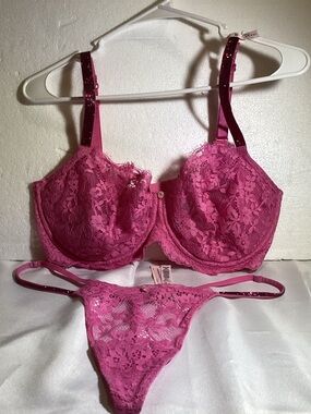 Victoria's Secret Hot Pink Lace Underwire Bra & Thong Set